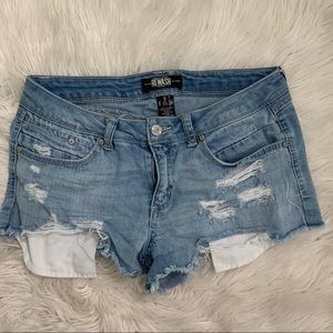 Distressed denim shorts